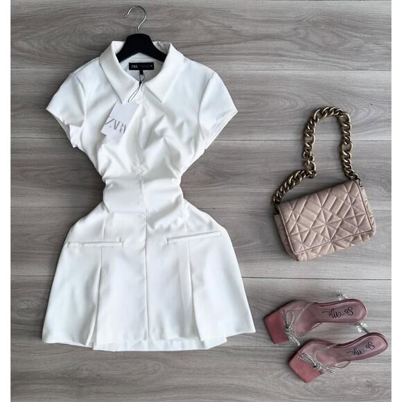 ZARA White Fitted Mini Dress NWT | Blogger Fave Shirt Collar - Picture 15 of 16